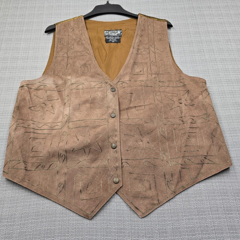 AGAPO Leather Vest Mens 2XL Brown Western Southwestern Embroidered Snap Lined
